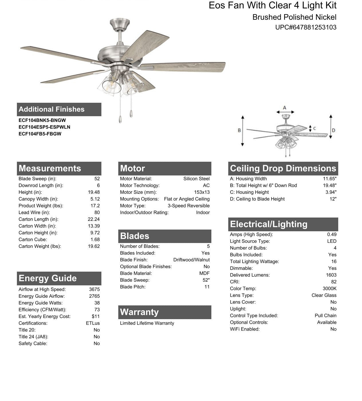 52" Eos Clear 4 Light in Brushed Polished Nickel w/ Driftwood/Walnut Blades Ceiling Fan CRAFTMADE