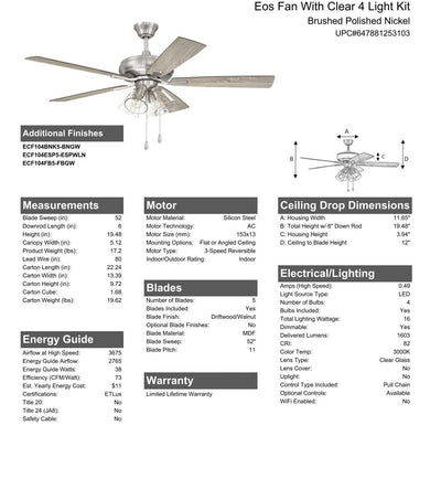 52" Eos Clear 4 Light in Brushed Polished Nickel w/ Driftwood/Walnut Blades Ceiling Fan CRAFTMADE