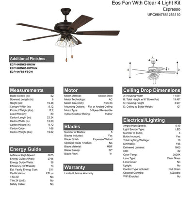 52" Eos Clear 4 Light in Espresso w/ Espresso/Walnut Blades Ceiling Fan CRAFTMADE