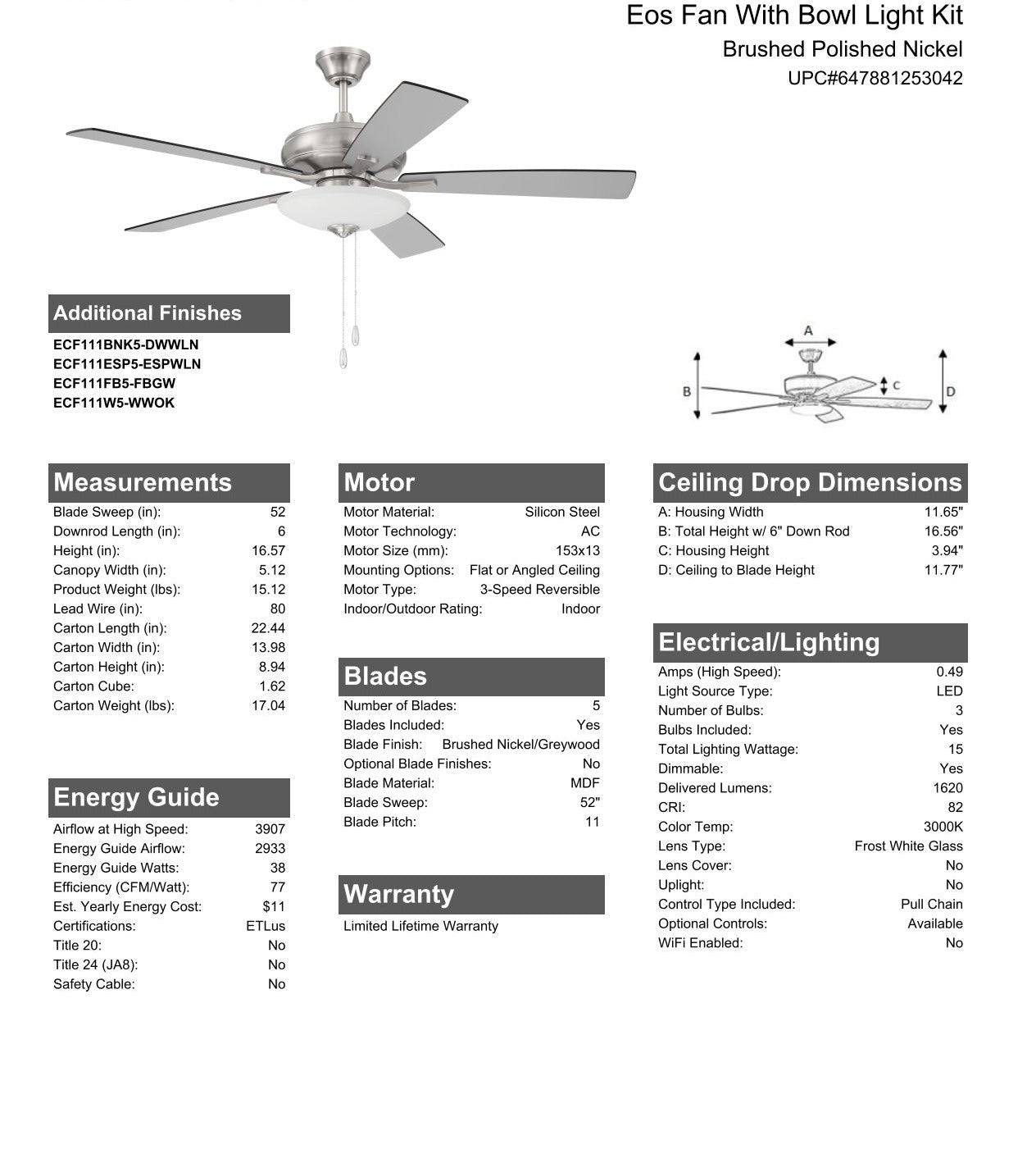 52" Eos 3 Light Bowl in Brushed Polished Nickel w/ Brushed Nickel/Greywood Blades Ceiling Fan CRAFTMADE