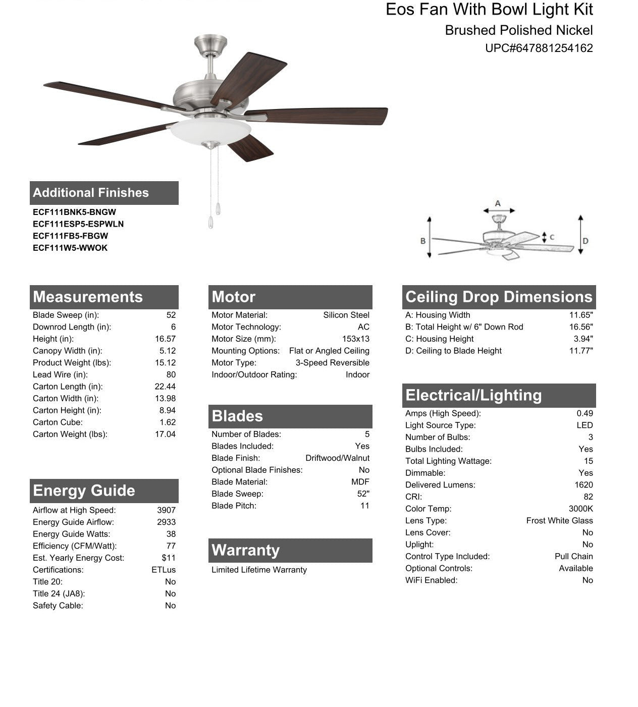 52" Eos 3 Light Bowl in Brushed Polished Nickel w/ Driftwood/Walnut Blades Ceiling Fan CRAFTMADE