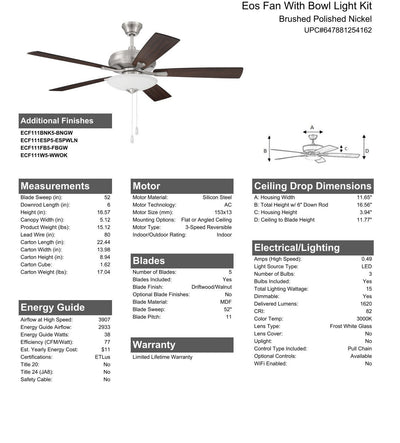 52" Eos 3 Light Bowl in Brushed Polished Nickel w/ Driftwood/Walnut Blades Ceiling Fan CRAFTMADE