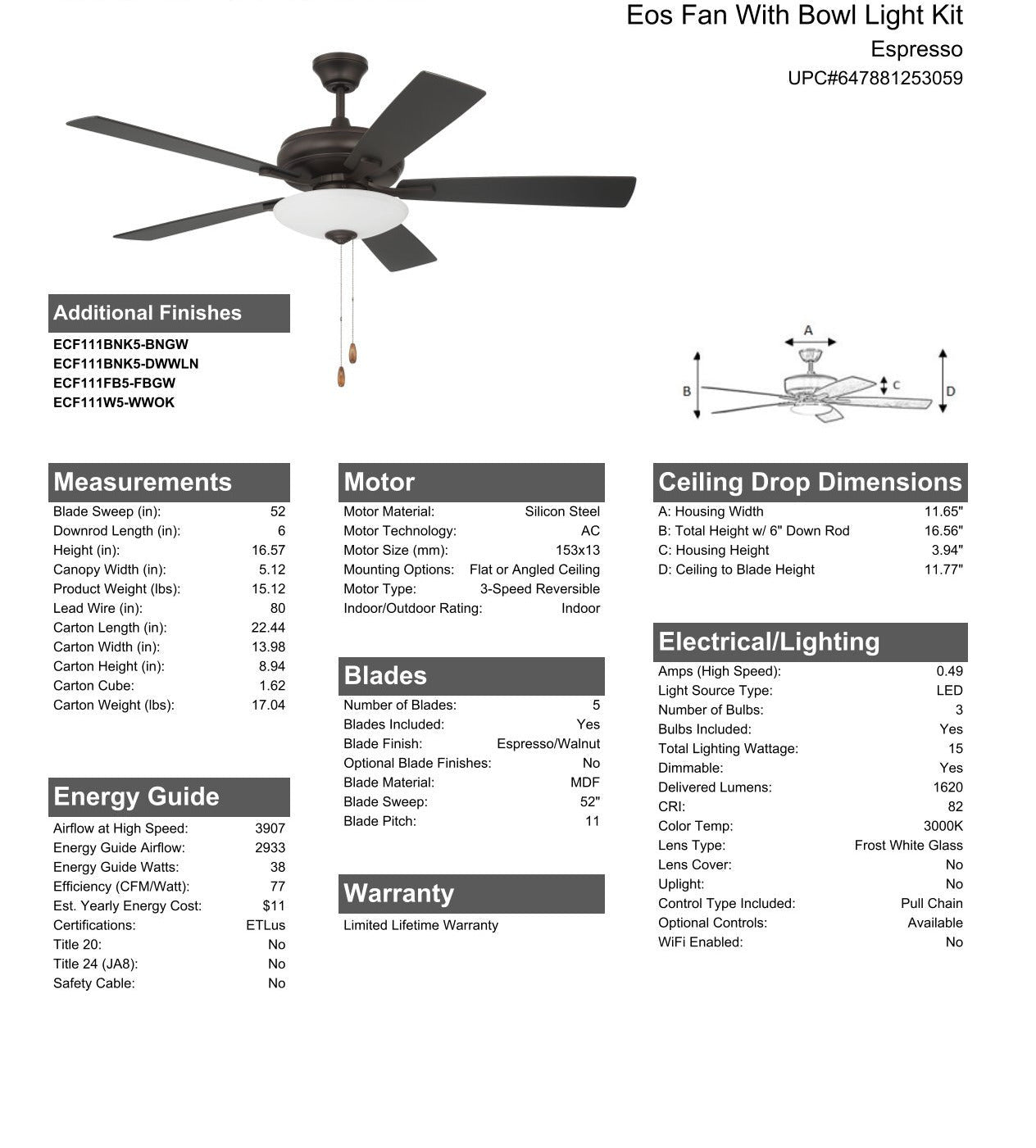 52" Eos 3 Light Bowl in Espresso w/ Espresso/Walnut Blades Ceiling Fan CRAFTMADE