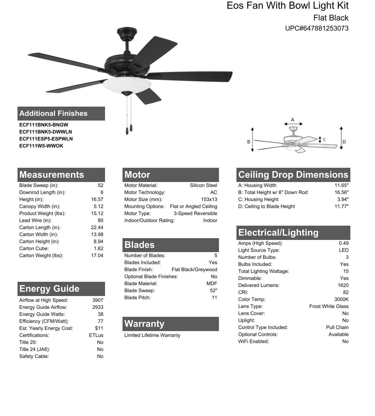 52" Eos 3 Light Bowl in Flat Black w/ Flat Black/Greywood Blades Ceiling Fan CRAFTMADE