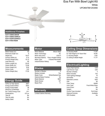 52" Eos 3 Light Bowl in White w/ White/Washed Oak Blades Ceiling Fan CRAFTMADE