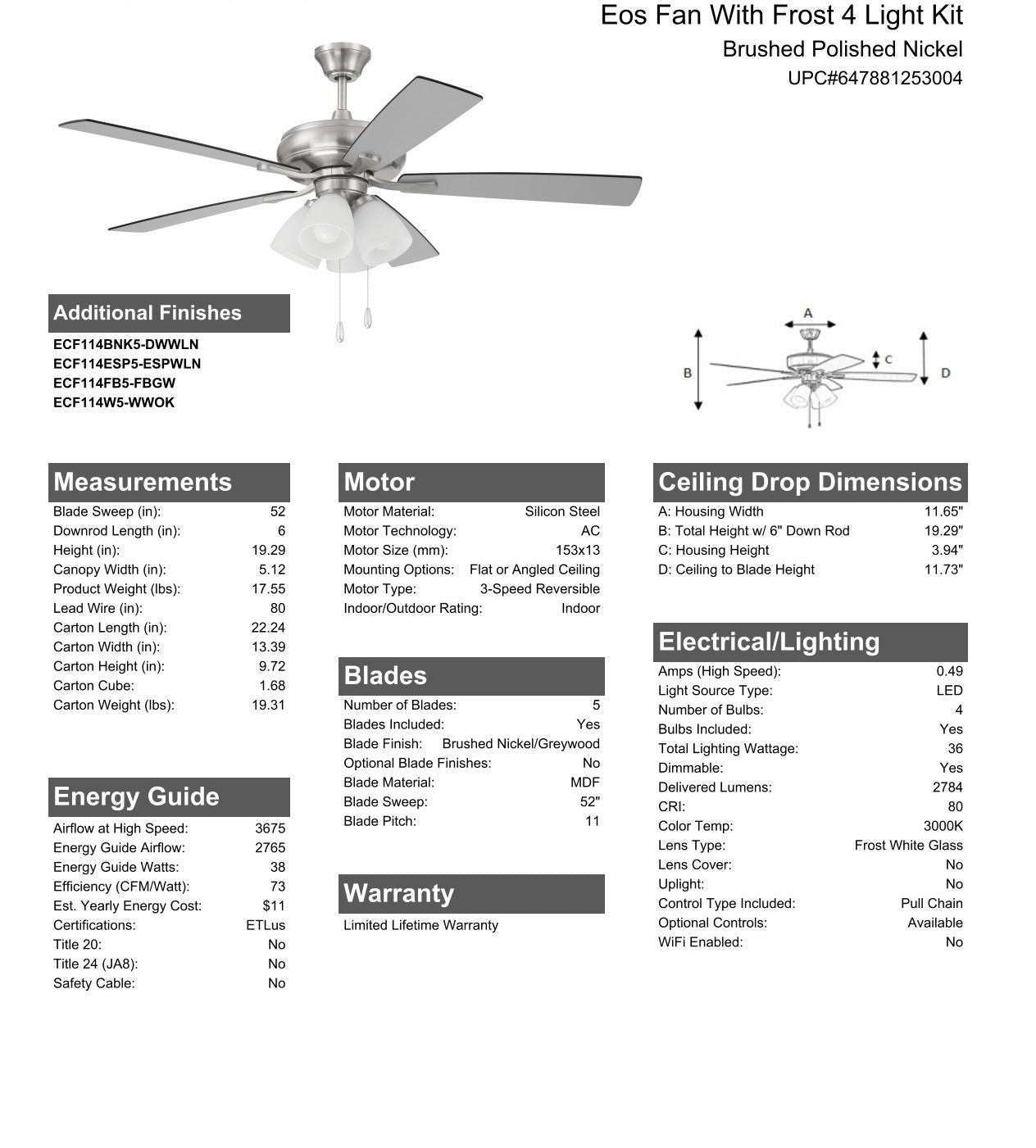 52" Eos Frost 4 Light in Brushed Polished Nickel w/ Brushed Nickel/Greywood Blades Ceiling Fan CRAFTMADE