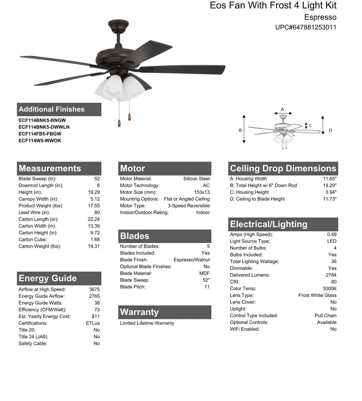 52" Eos Frost 4 Light in Espresso w/ Espresso/Walnut Blades Ceiling Fan CRAFTMADE