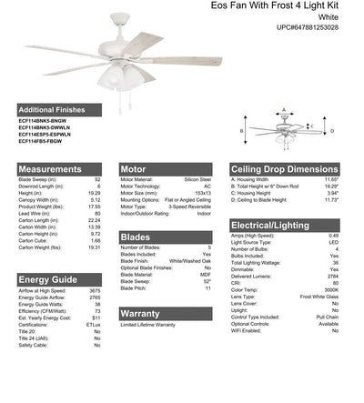 52" Eos Frost 4 Light in White w/ White/Washed Oak Blades Ceiling Fan CRAFTMADE