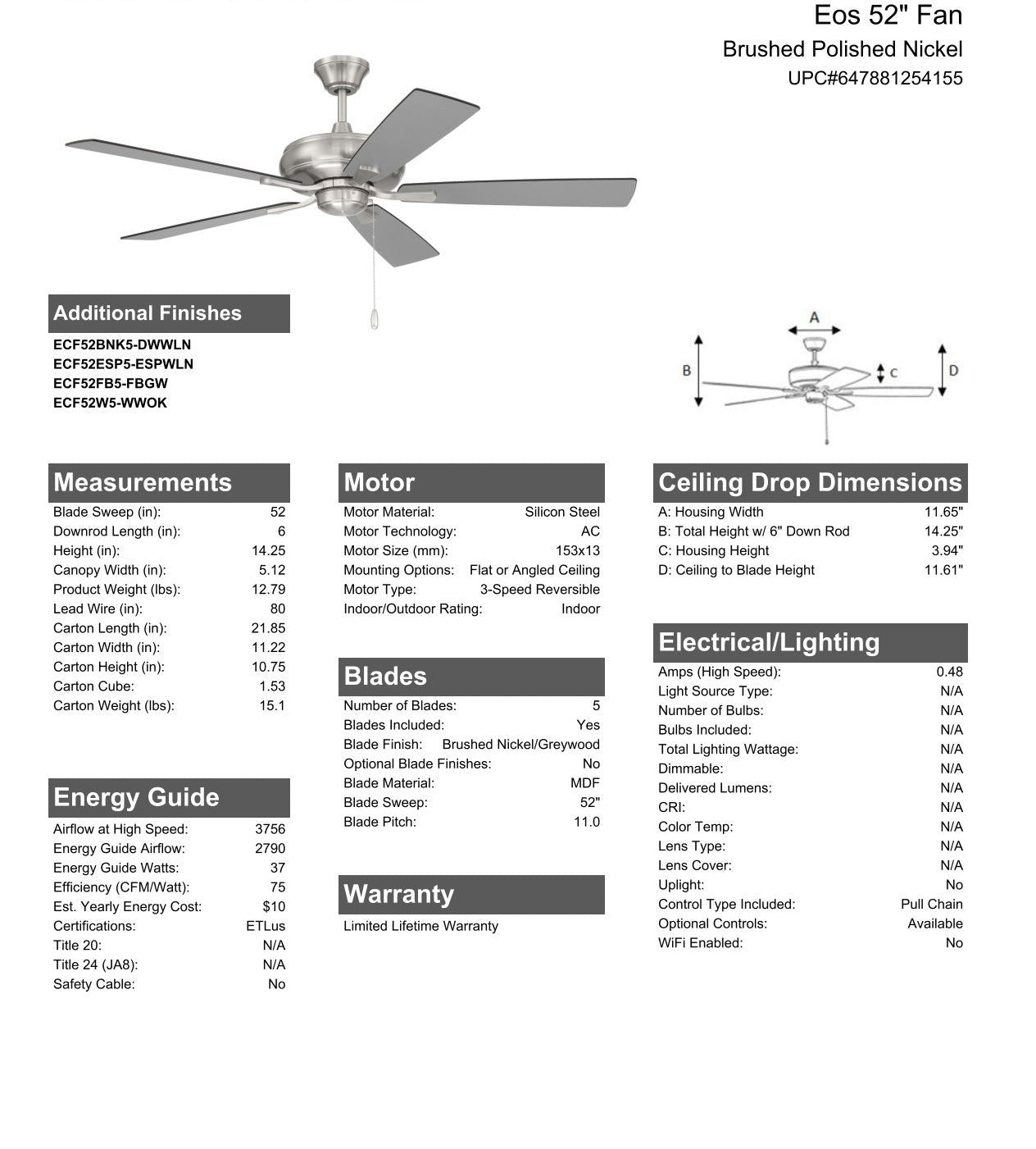 52" Eos in Brushed Polished Nickel w/ Brushed Nickel/Greywood Blades Ceiling Fan CRAFTMADE