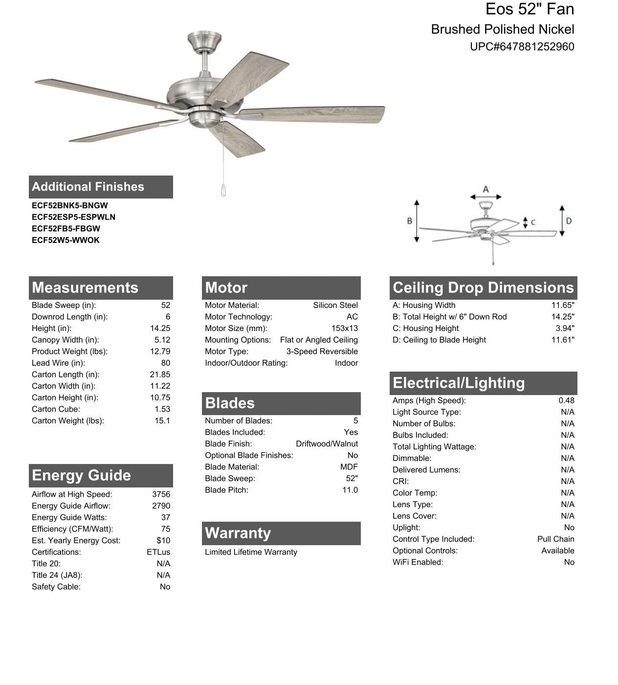 52" Eos in Brushed Polished Nickel w/ Driftwood/Walnut Blades Ceiling Fan CRAFTMADE