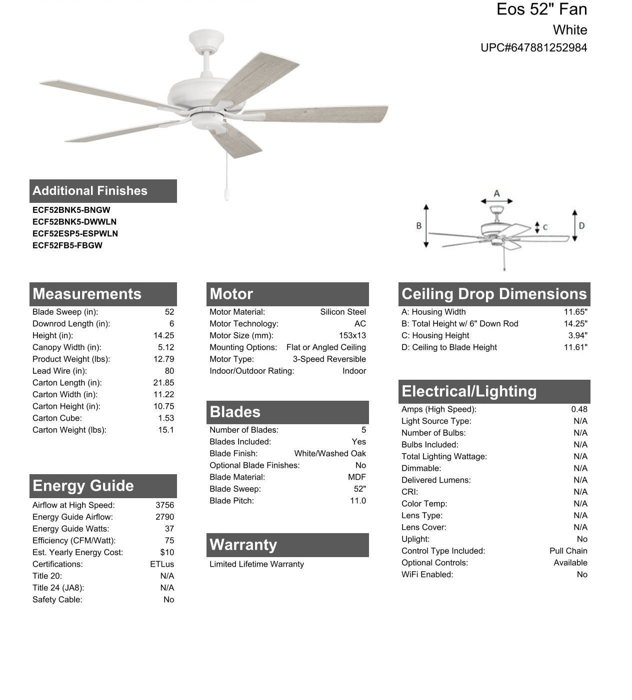 52" Eos in White w/ White/Washed Oak Blades Ceiling Fan CRAFTMADE