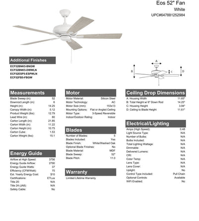 52" Eos in White w/ White/Washed Oak Blades Ceiling Fan CRAFTMADE