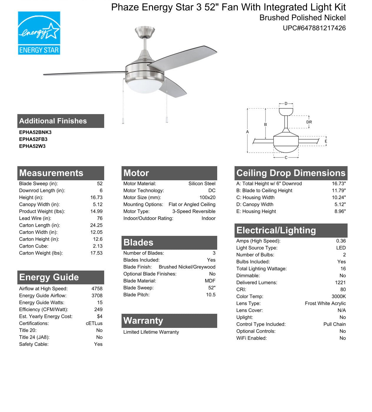 52" Phaze Energy Star 3 in Brushed Polished Nickel w/ Brushed Nickel/Greywood Blades Ceiling Fan CRAFTMADE