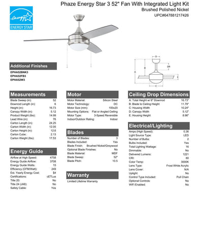 52" Phaze Energy Star 3 in Brushed Polished Nickel w/ Brushed Nickel/Greywood Blades Ceiling Fan CRAFTMADE