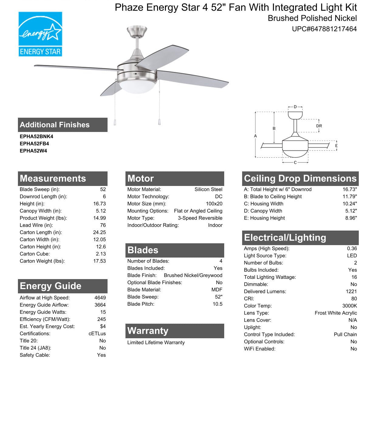 52" Phaze Energy Star 4 in Brushed Polished Nickel w/ Brushed Nickel/Greywood Blades Ceiling Fan CRAFTMADE