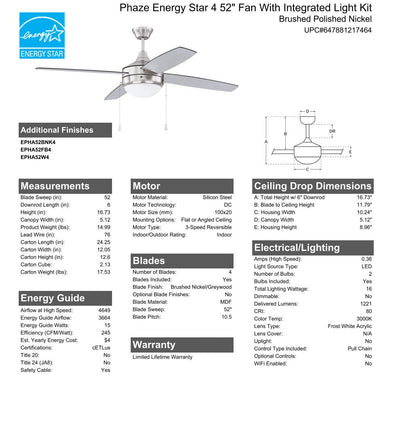 52" Phaze Energy Star 4 in Brushed Polished Nickel w/ Brushed Nickel/Greywood Blades Ceiling Fan CRAFTMADE