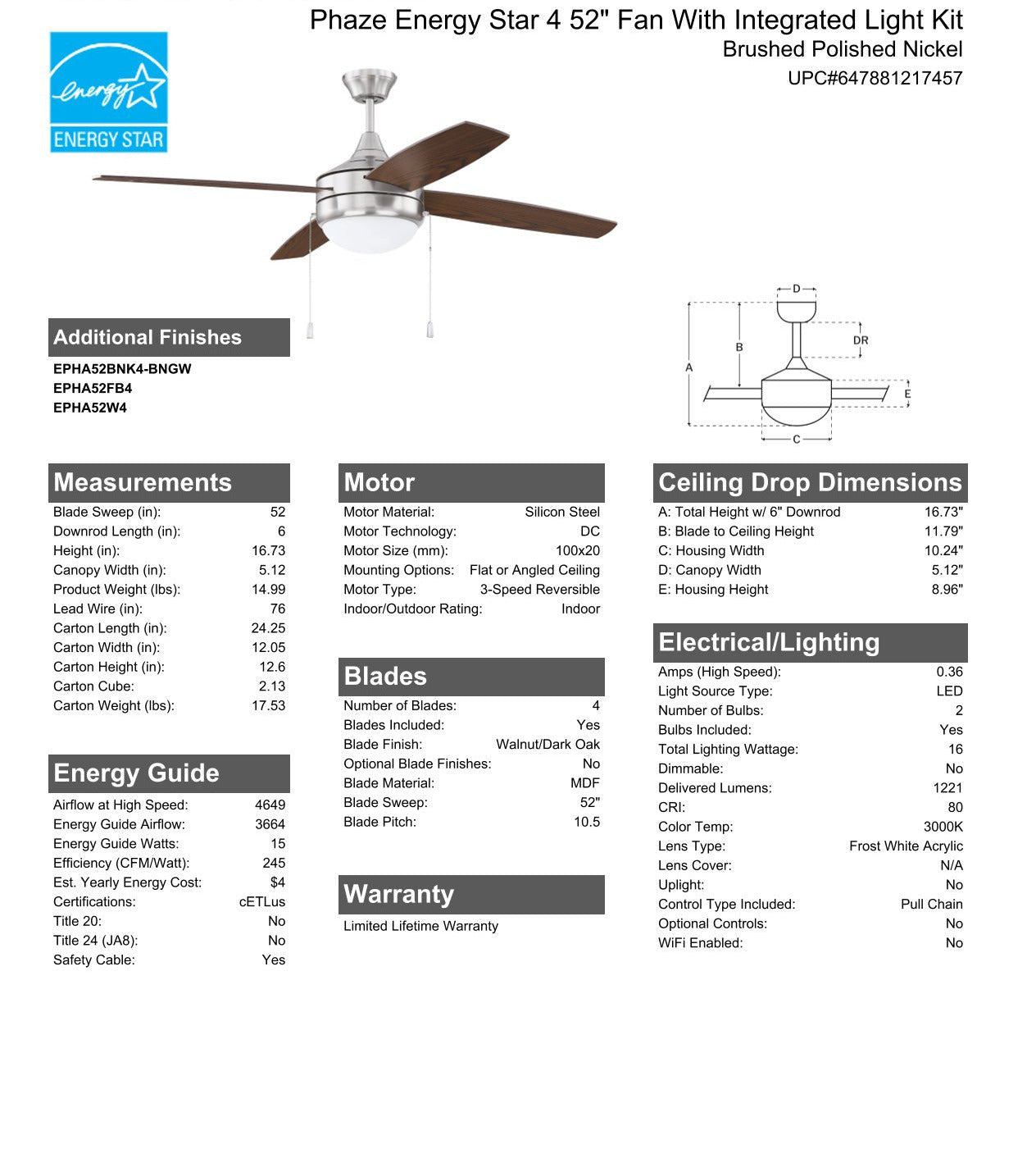 52" Phaze Energy Star 4 in Brushed Polished Nickel w/ Walnut/Dark Oak Blades Ceiling Fan CRAFTMADE