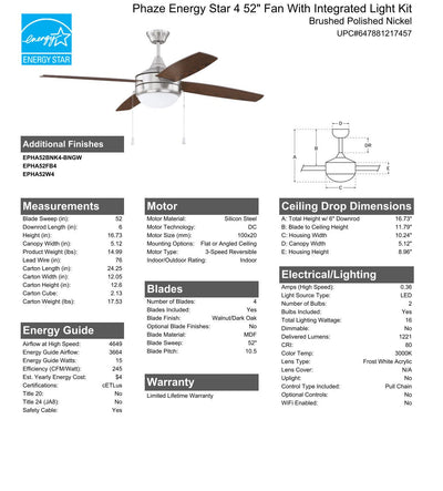 52" Phaze Energy Star 4 in Brushed Polished Nickel w/ Walnut/Dark Oak Blades Ceiling Fan CRAFTMADE