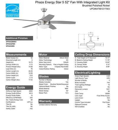 52" Phaze Energy Star 5 in Brushed Polished Nickel w/ Brushed Nickel/Greywood Blades Ceiling Fan CRAFTMADE