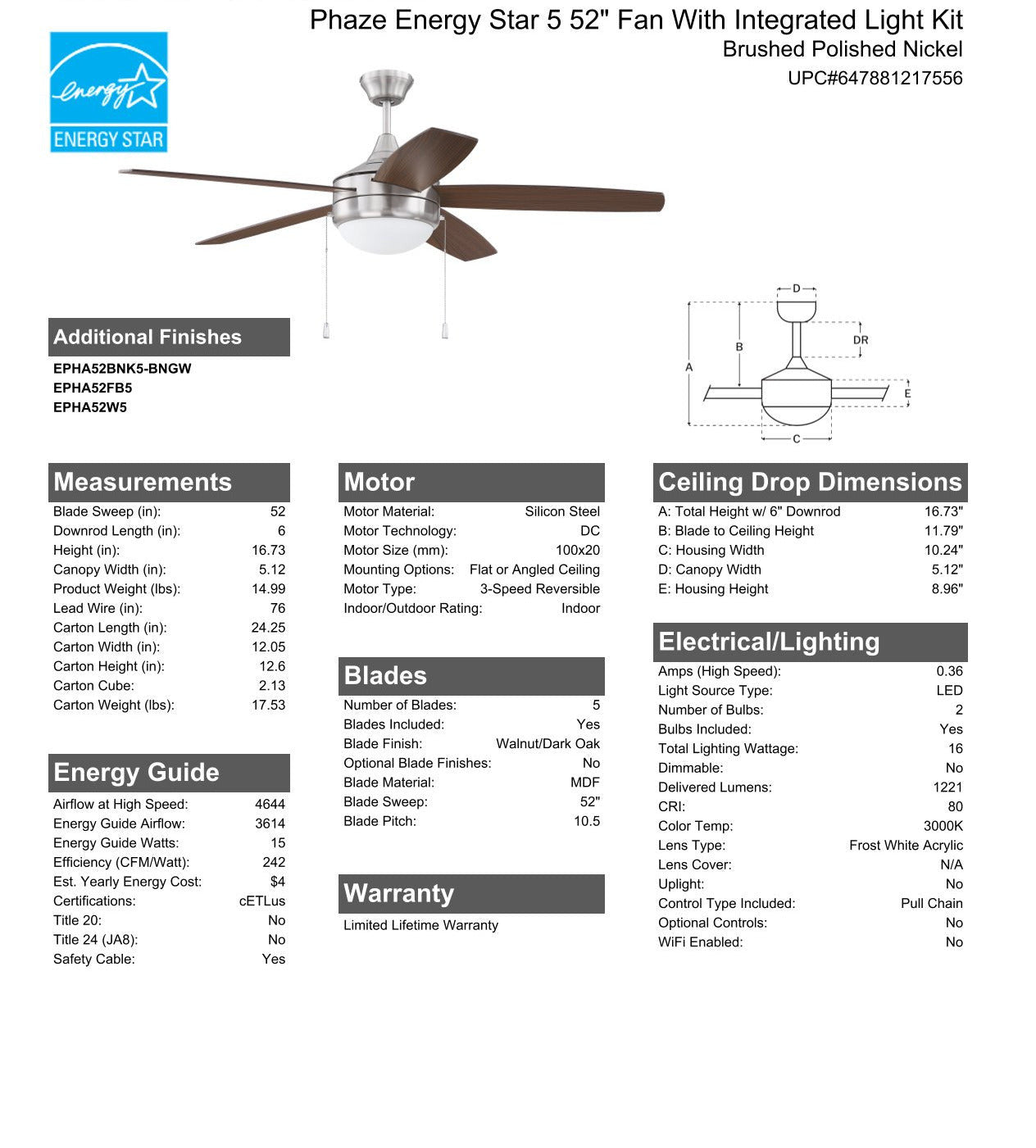 52" Phaze Energy Star 5 in Brushed Polished Nickel w/ Walnut/Dark Oak Blades Ceiling Fan CRAFTMADE