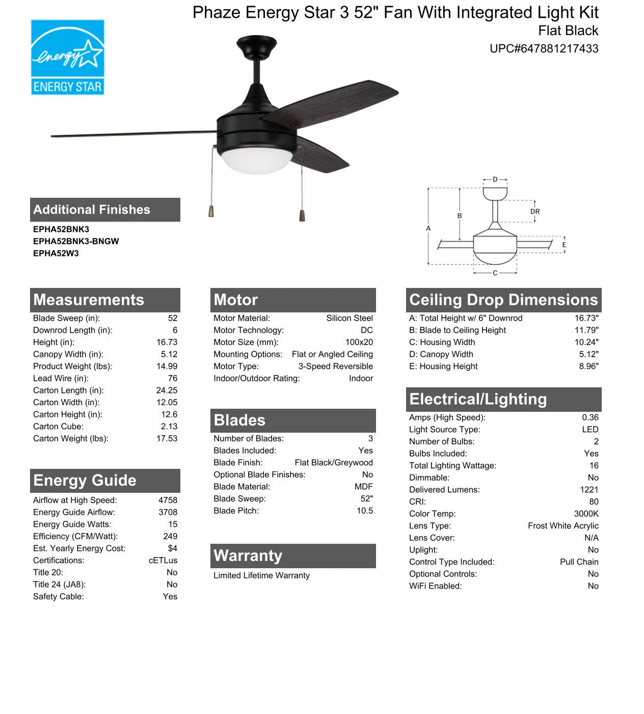 52" Phaze Energy Star 3 in Flat Black w/ Flat Black/Greywood Blades Ceiling Fan CRAFTMADE