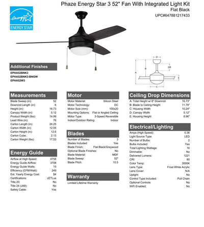 52" Phaze Energy Star 3 in Flat Black w/ Flat Black/Greywood Blades Ceiling Fan CRAFTMADE