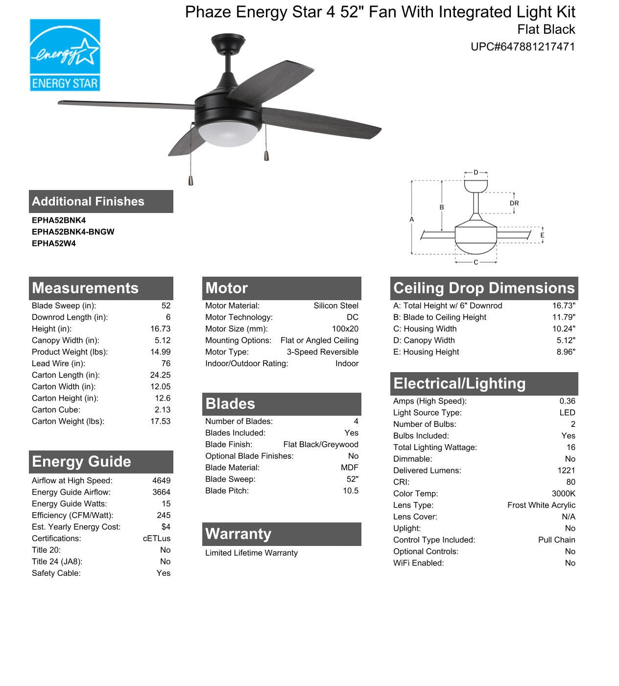 52" Phaze Energy Star 4 in Flat Black w/ Flat Black/Greywood Blades Ceiling Fan CRAFTMADE