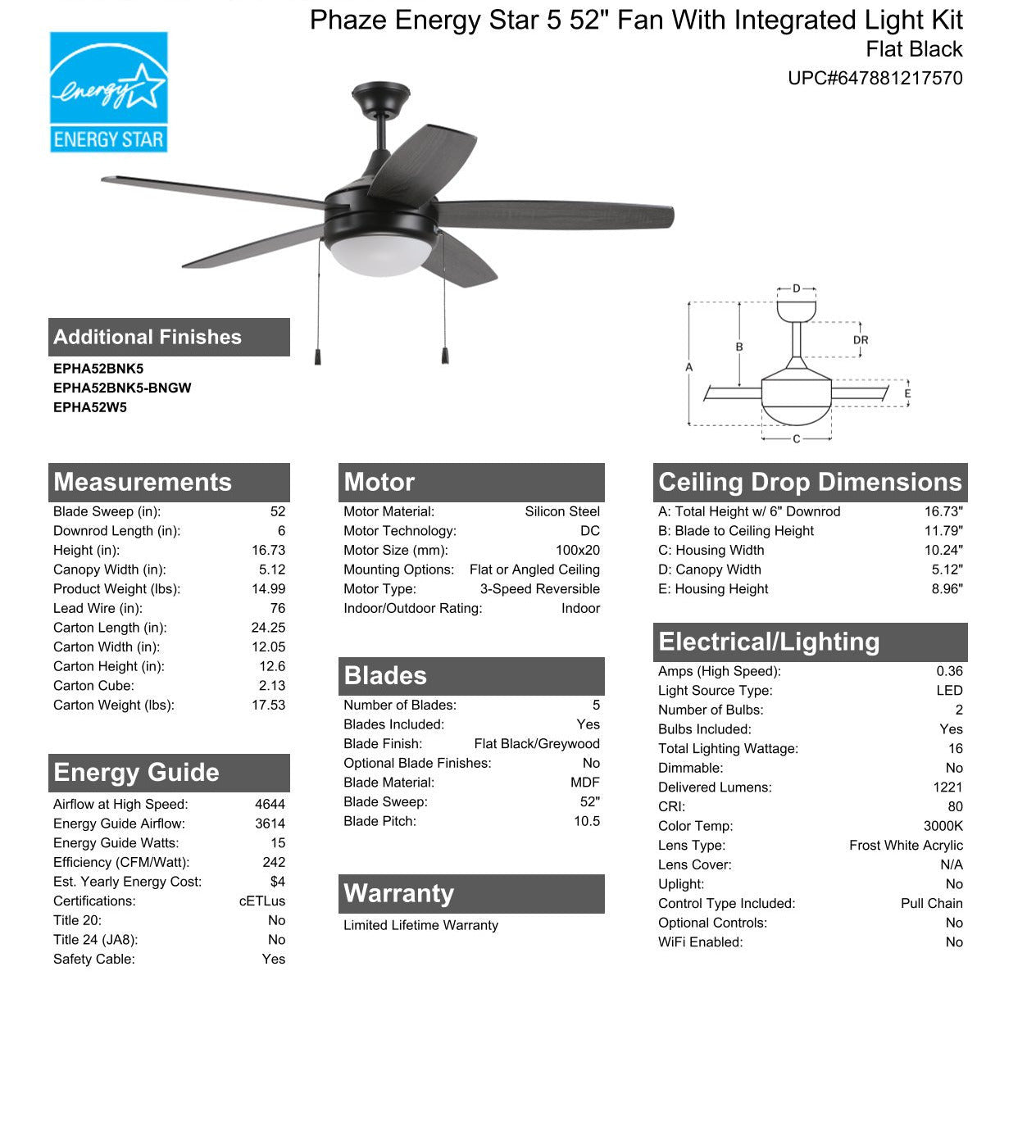 52" Phaze Energy Star 5 in Flat Black  w/ Flat Black/Greywood Blades Ceiling Fan CRAFTMADE