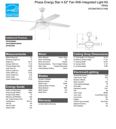 52" Phaze Energy Star 4 in White w/ White Blades Ceiling Fan CRAFTMADE