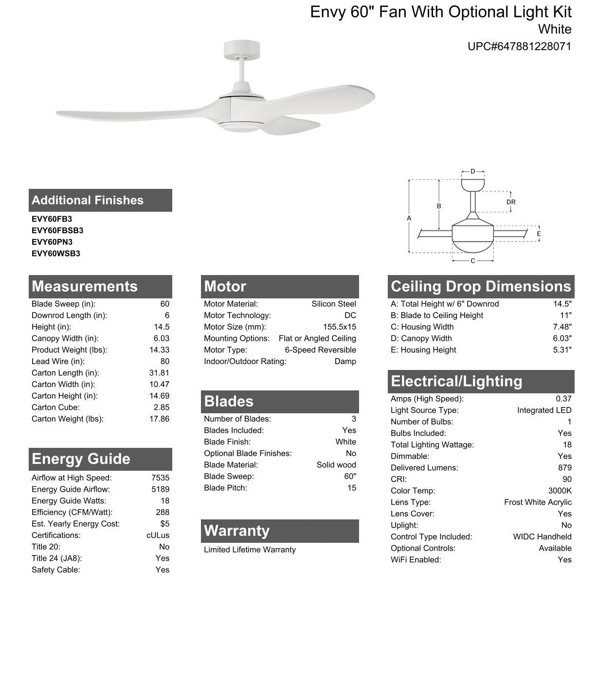 60" Envy in White w/ White Blades Ceiling Fan CRAFTMADE