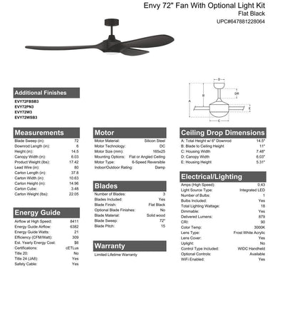 72" Envy in Flat Black  w/ Flat Black Blades Ceiling Fan CRAFTMADE