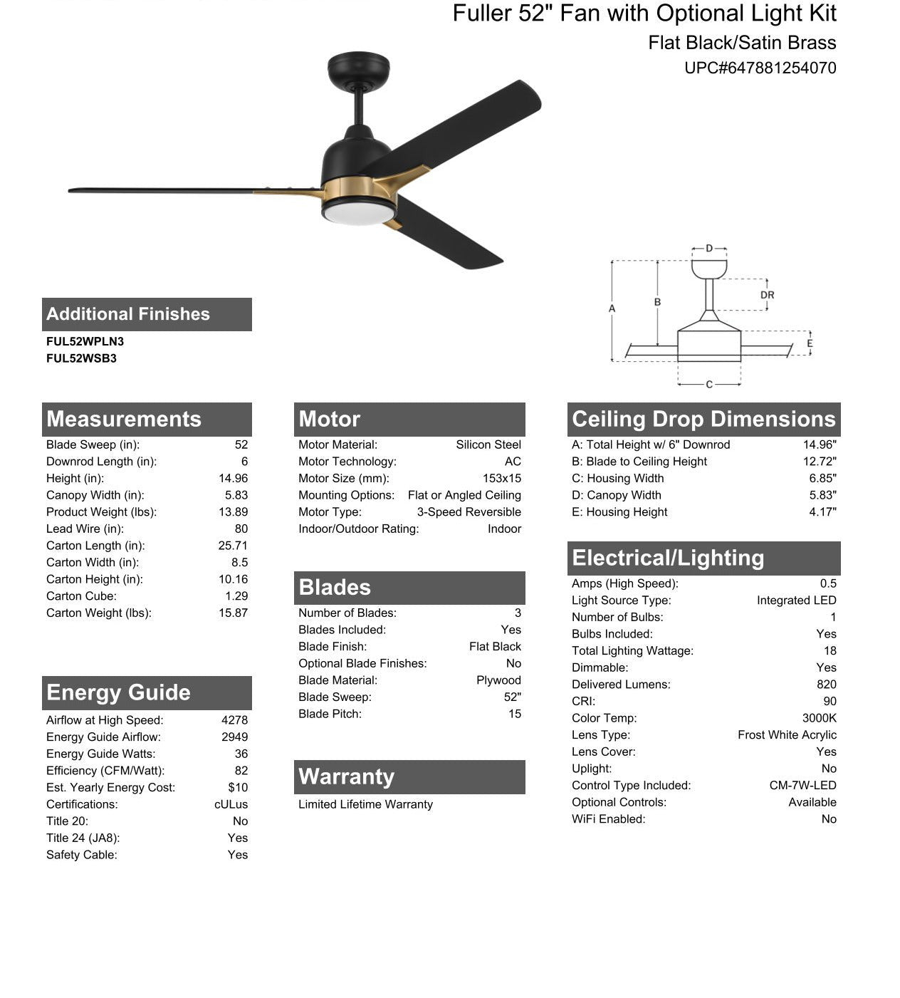 52" Fuller in Flat Black/Satin Brass w/ Flat Black Blades Ceiling Fan CRAFTMADE