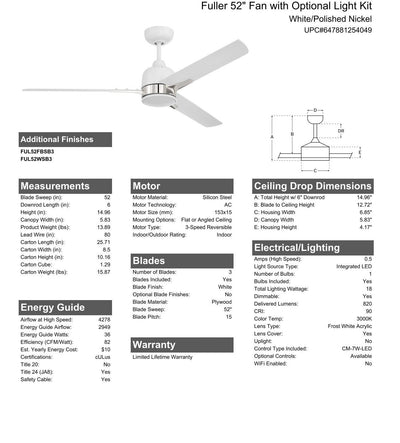 52" Fuller in White/Polished Nickel w/ White Blades Ceiling Fan CRAFTMADE