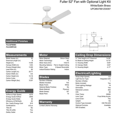 52" Fuller in White/Satin Brass w/ White Blades Ceiling Fan CRAFTMADE