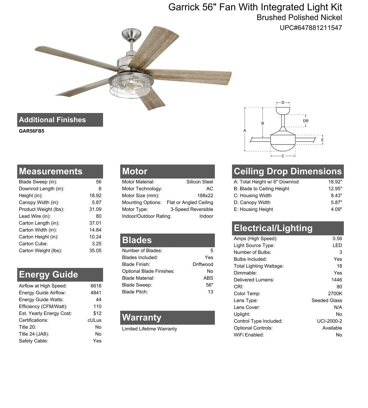 56" Garrick in Brushed Polished Nickel w/ Driftwood Blades Ceiling Fan CRAFTMADE