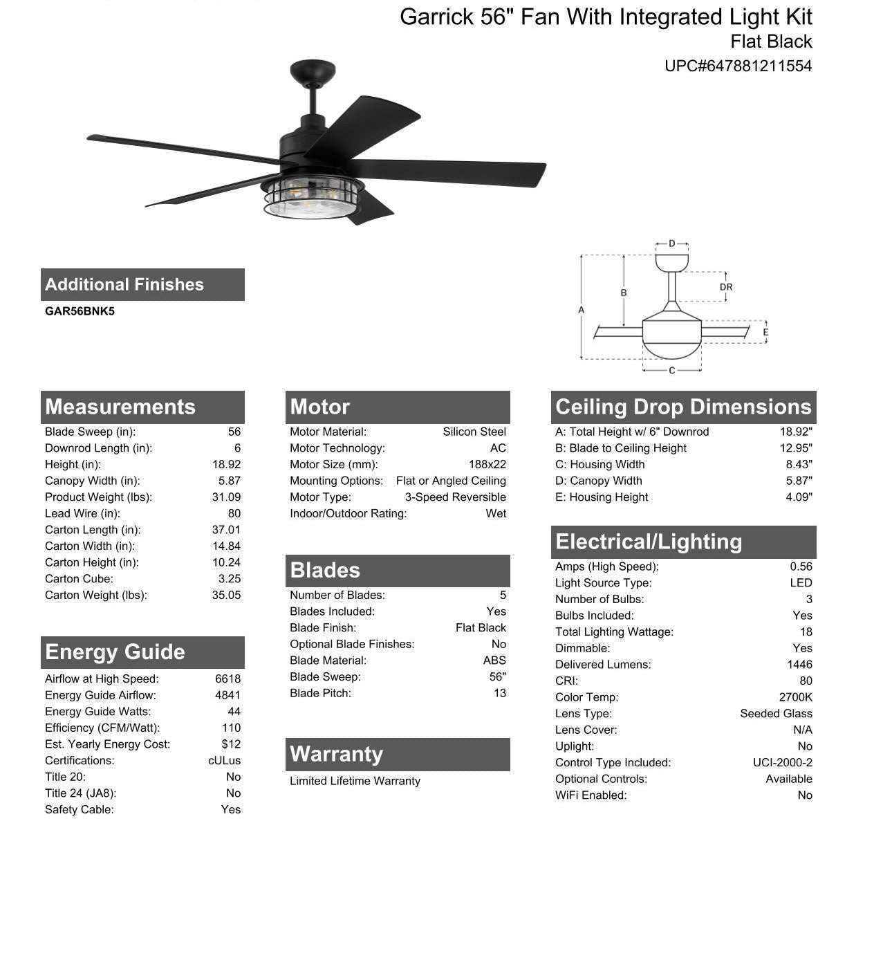 56" Garrick Indoor/Outdoor (Wet) in Flat Black w/ Flat Black Blades Ceiling Fan CRAFTMADE