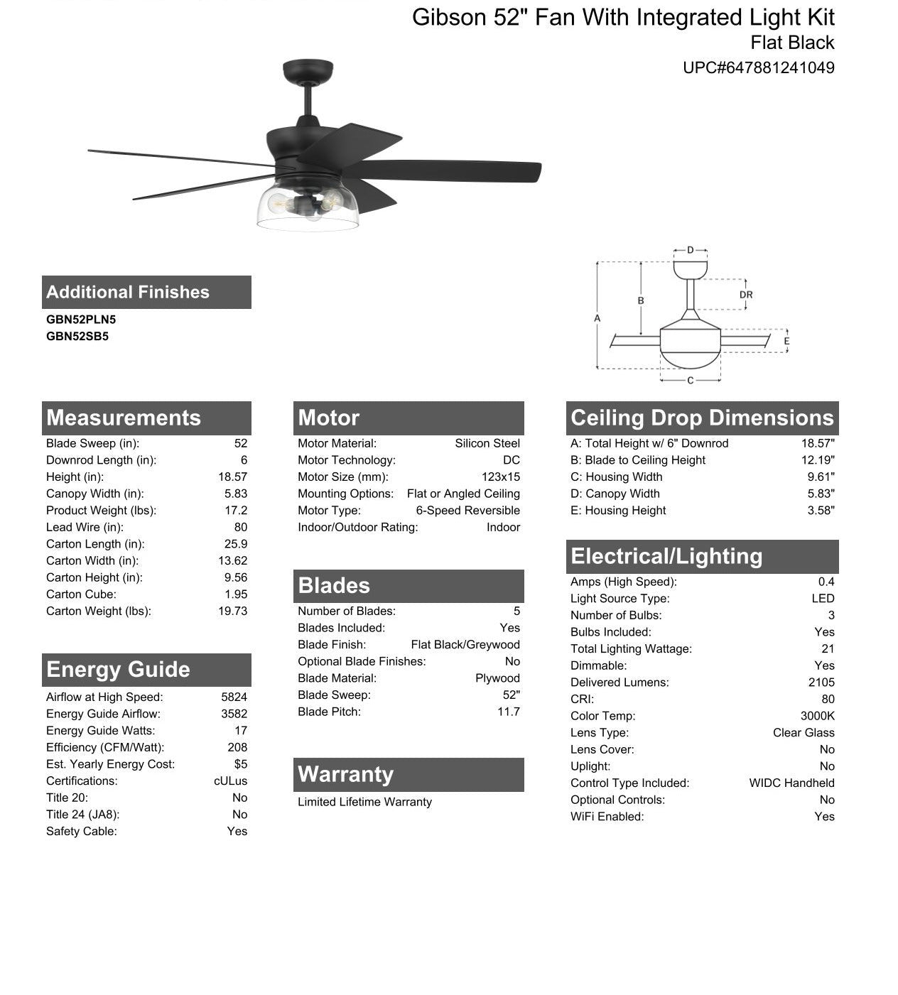 52" Gibson in Flat Black w/ Flat Black/Greywood Blades Ceiling Fan CRAFTMADE