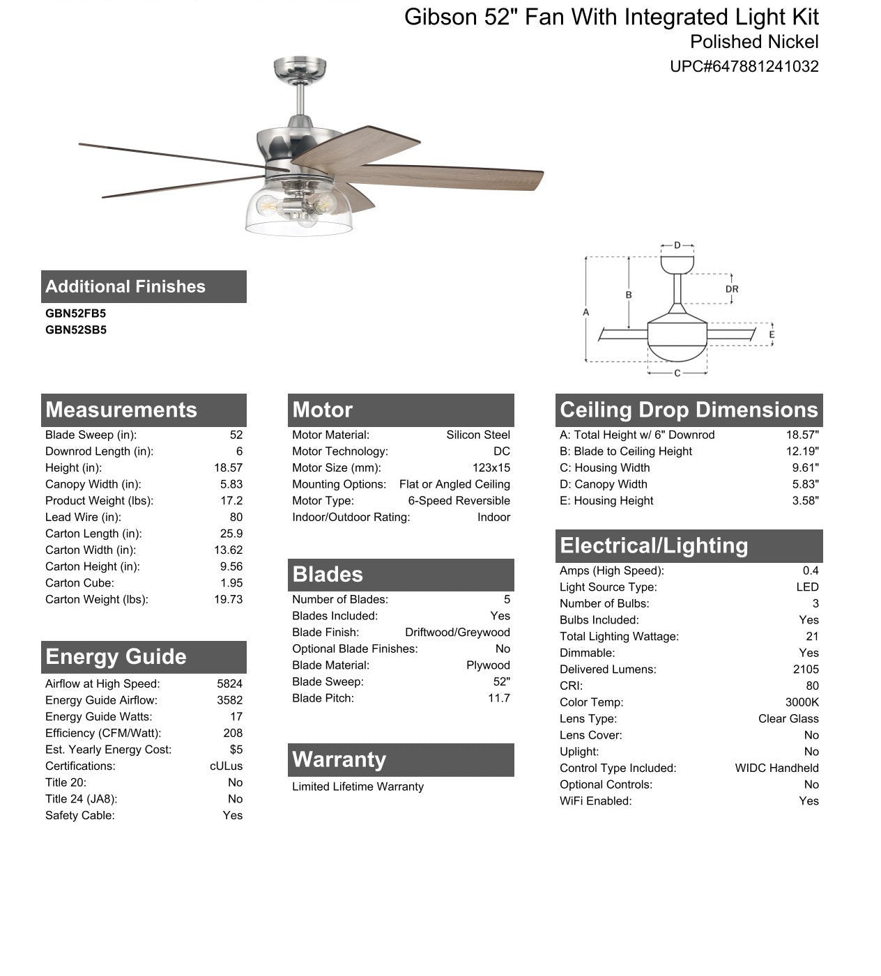 52" Gibson in Polished Nickel w/ Driftwood/Greywood Blades Ceiling Fan CRAFTMADE