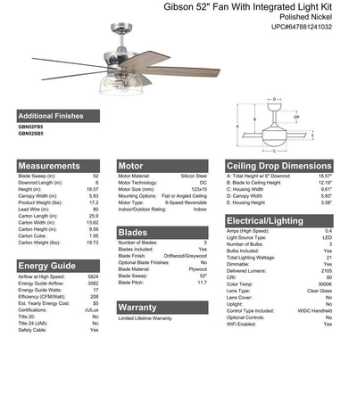 52" Gibson in Polished Nickel w/ Driftwood/Greywood Blades Ceiling Fan CRAFTMADE