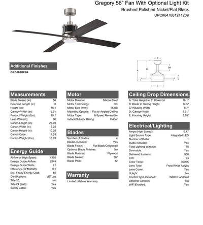 56" Gregory in Brushed Polished Nickel w/ Flat Black/Greywood Blades Ceiling Fan CRAFTMADE