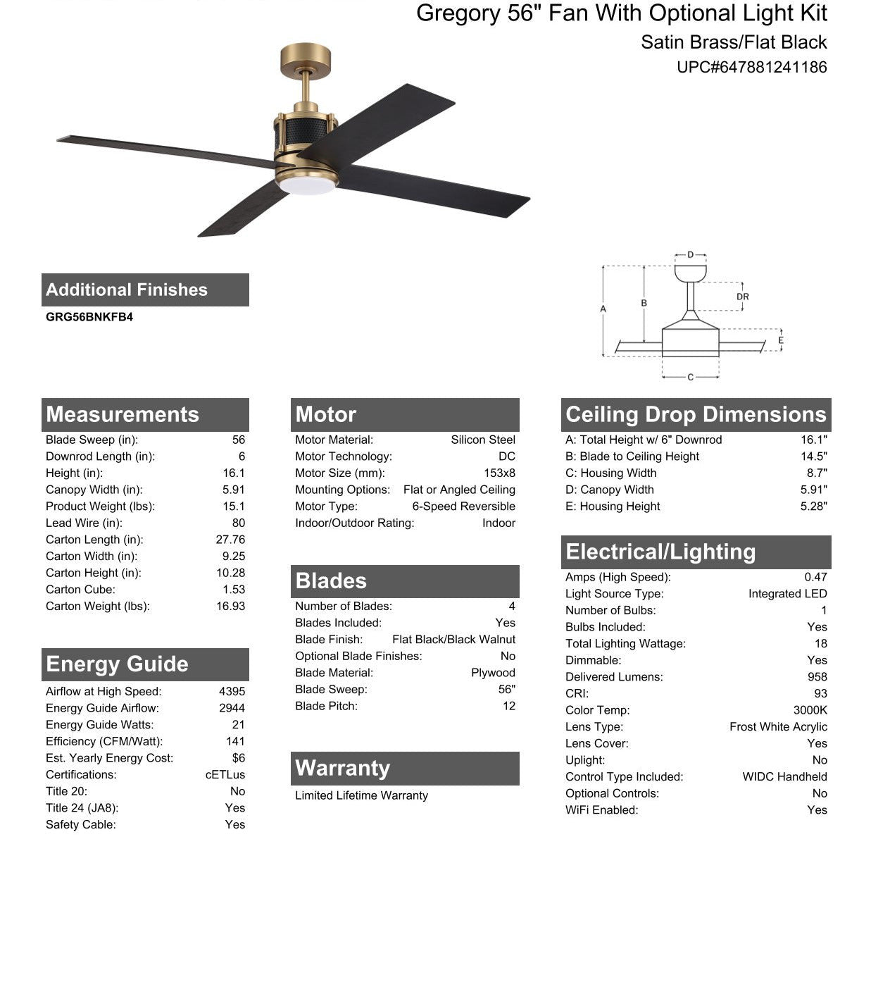 56" Gregory in Satin Brass w/ Flat Black/Black Walnut Blades Ceiling Fan CRAFTMADE