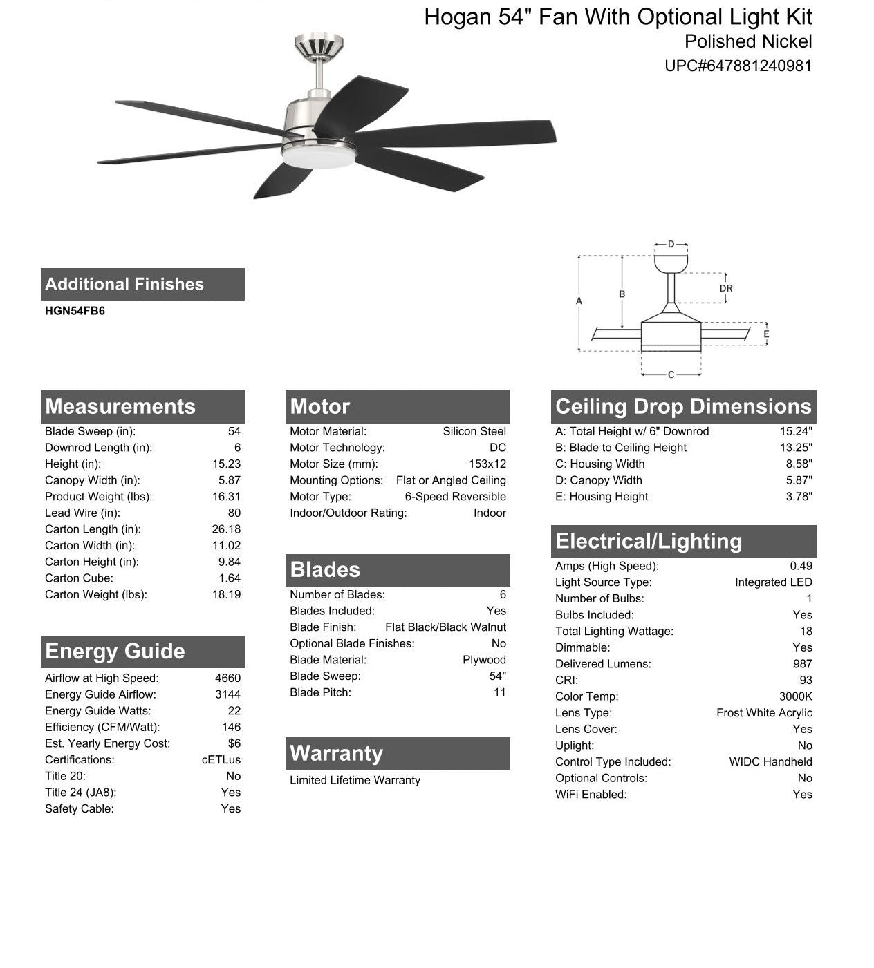 54" Hogan Fan in Polished Nickel Finish, Blades Included Ceiling Fan CRAFTMADE