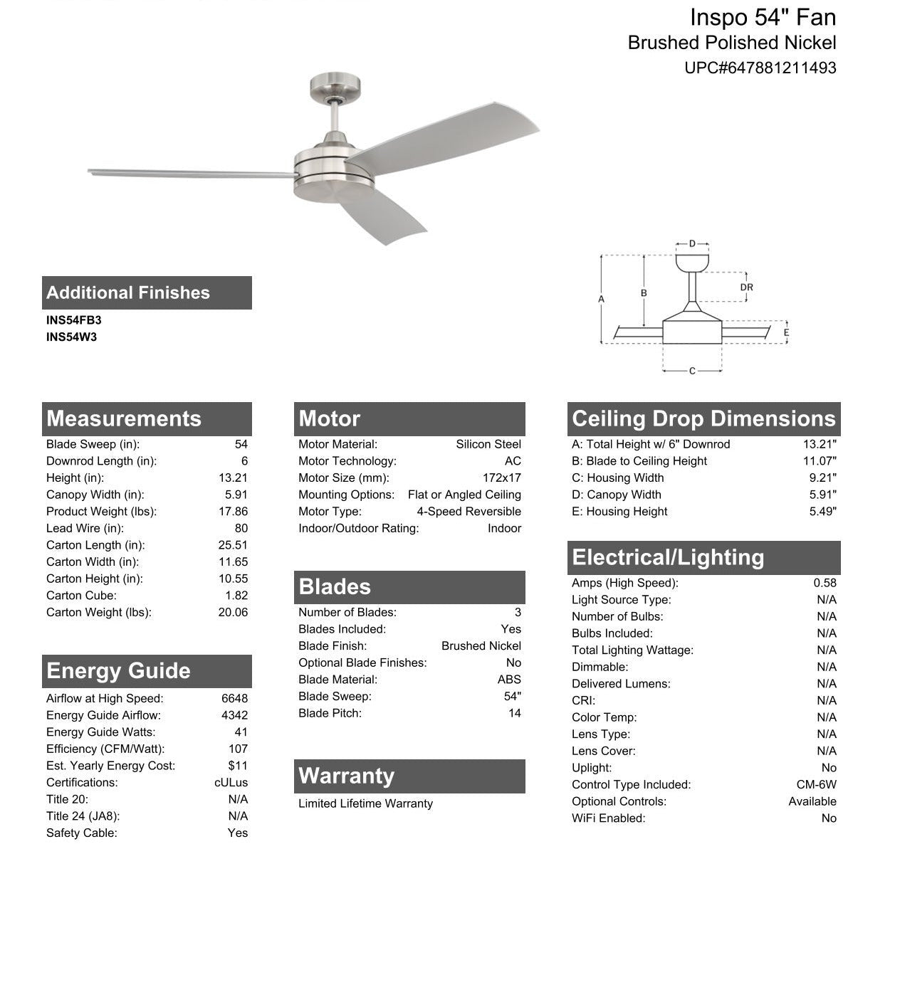 54" Inspo in Brushed Polished Nickel w/ Brushed Nickel Blades Ceiling Fan CRAFTMADE