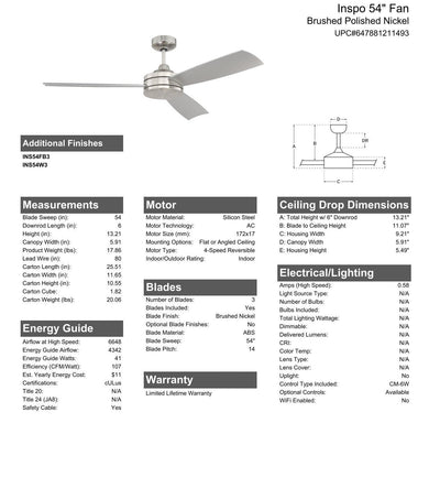 54" Inspo in Brushed Polished Nickel w/ Brushed Nickel Blades Ceiling Fan CRAFTMADE