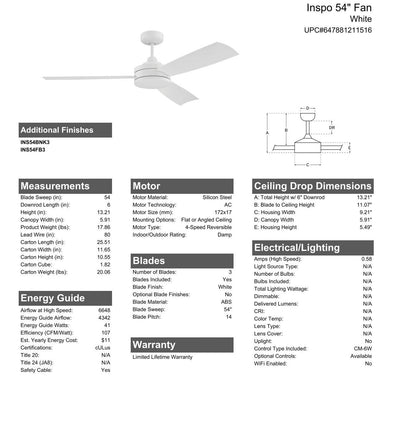 54" Inspo Indoor/Outdoor (Damp) in White w/ White Blades Ceiling Fan CRAFTMADE