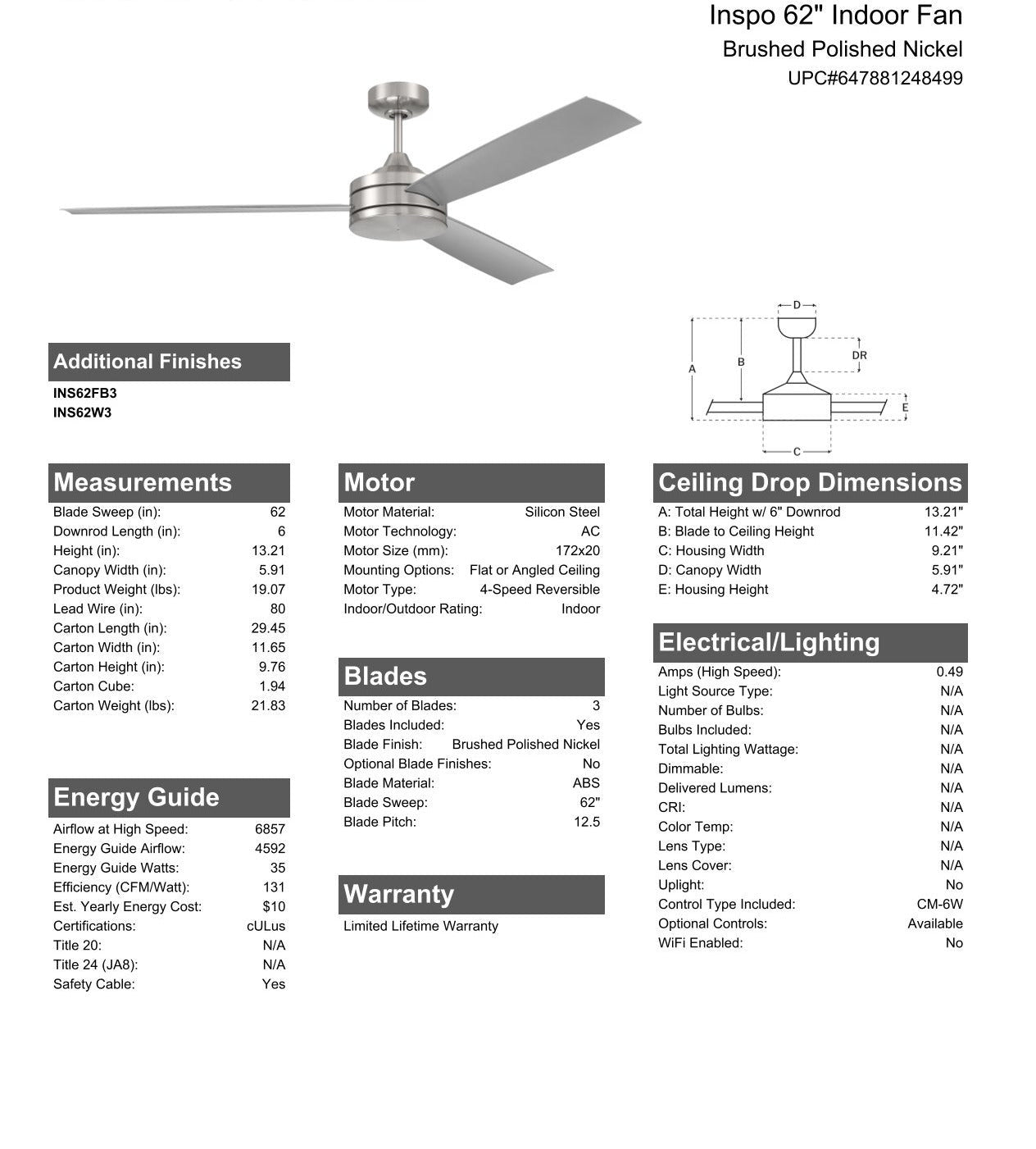 62" Inspo Indoor Fan in Brushed Polished Nickel w/ Brushed Nickel Blades Ceiling Fan CRAFTMADE