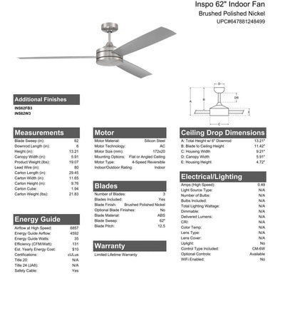 62" Inspo Indoor Fan in Brushed Polished Nickel w/ Brushed Nickel Blades Ceiling Fan CRAFTMADE