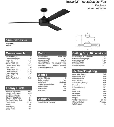 62" Inspo Indoor/Outdoor (Wet) in Flat Black w/ Flat Black Blades Ceiling Fan CRAFTMADE