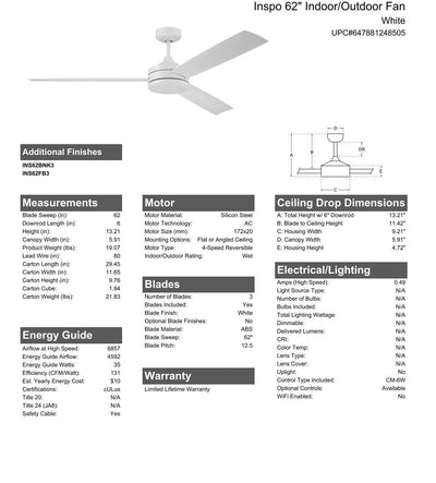 62" Inspo Indoor/Outdoor in White w/ White Blades Ceiling Fan CRAFTMADE