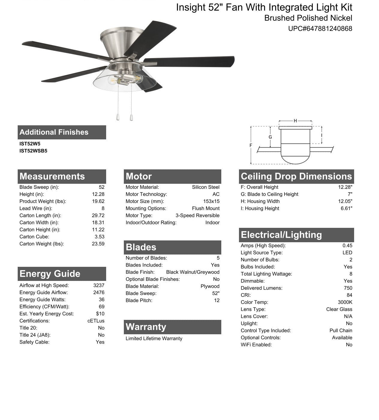 52" Insight Brushed Nickel Finish, Black Walnut/Greywood Blades, Integrated Light kit Included Ceiling Fan CRAFTMADE